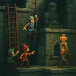 Concept art of stone ruins with multiple characters running around.