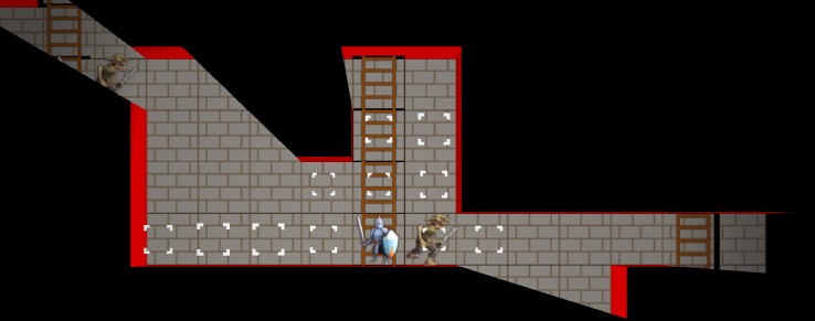 An in-game screenshot centered on the hero, with shadow casting blocking things not in sight. An enemy is visible twice due to portal effects.